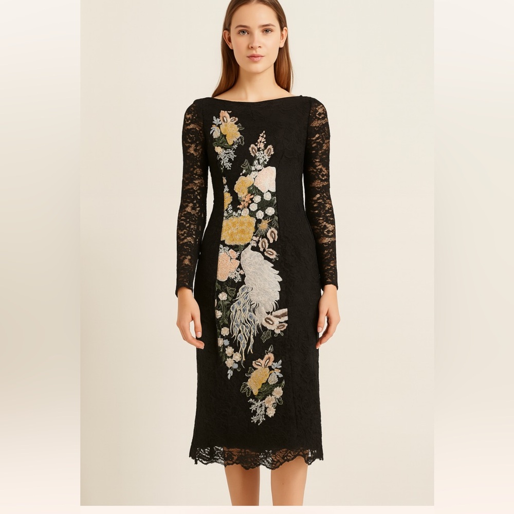 Js Collection bird embroidered V- back slim midi dress with illusion lace sleeve